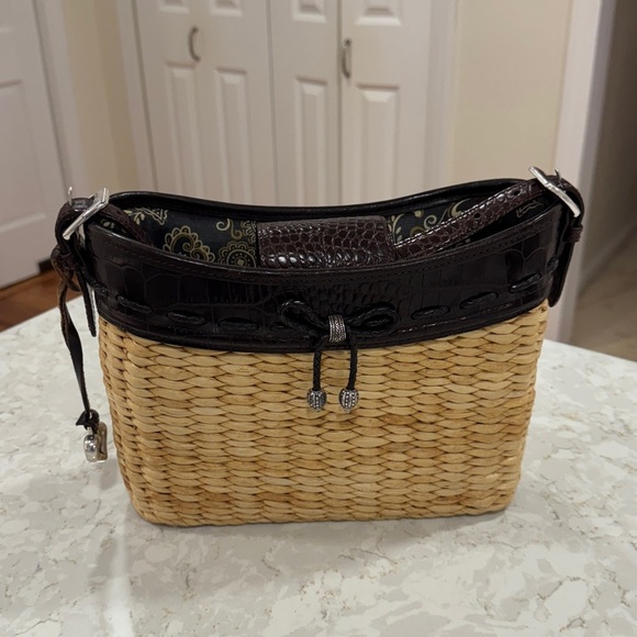 Brighton Handbags - BRIGHTON Wicker Straw Purse Shoulder Bag Dark Brown Croc Leather Trim